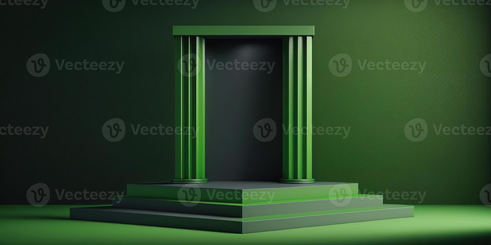 Realistic 3D green theme podium for product display. photo