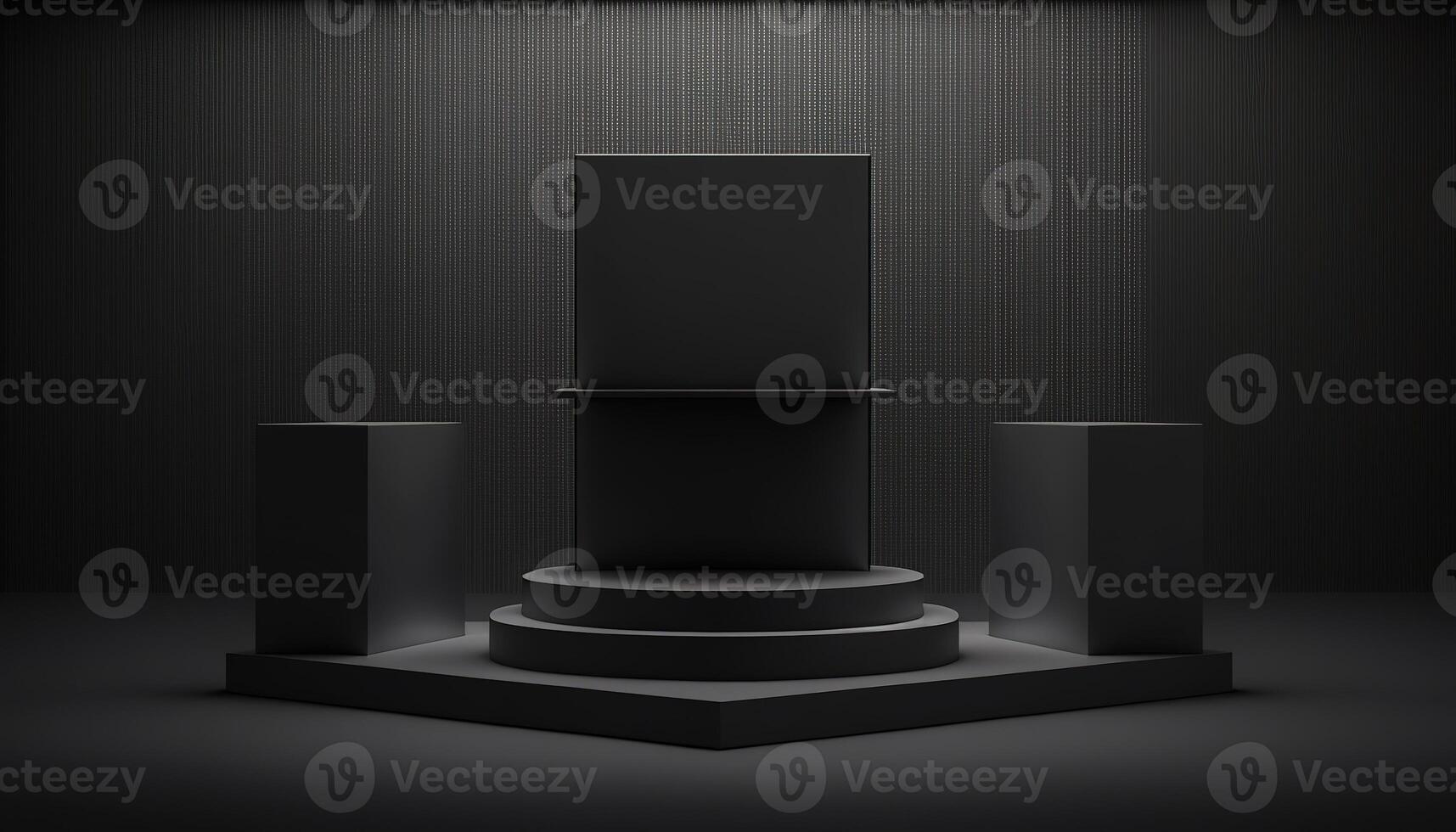 Realistic 3D black theme podium for product display. photo