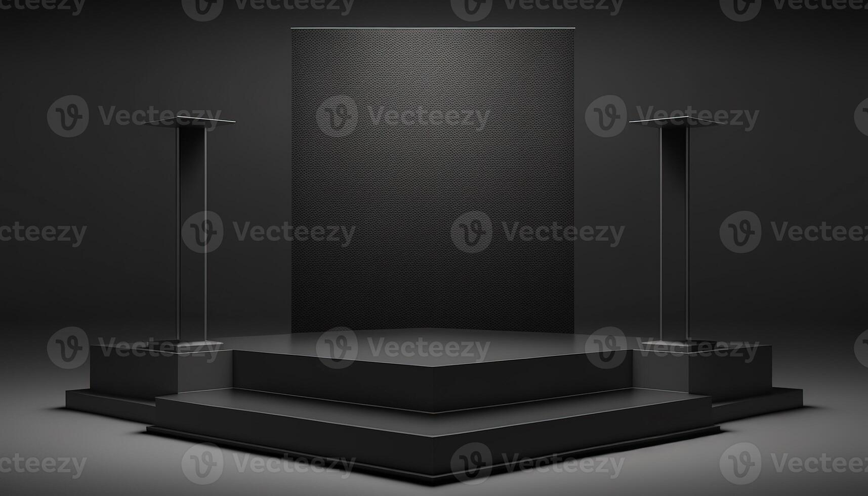 Realistic 3D black theme podium for product display. photo