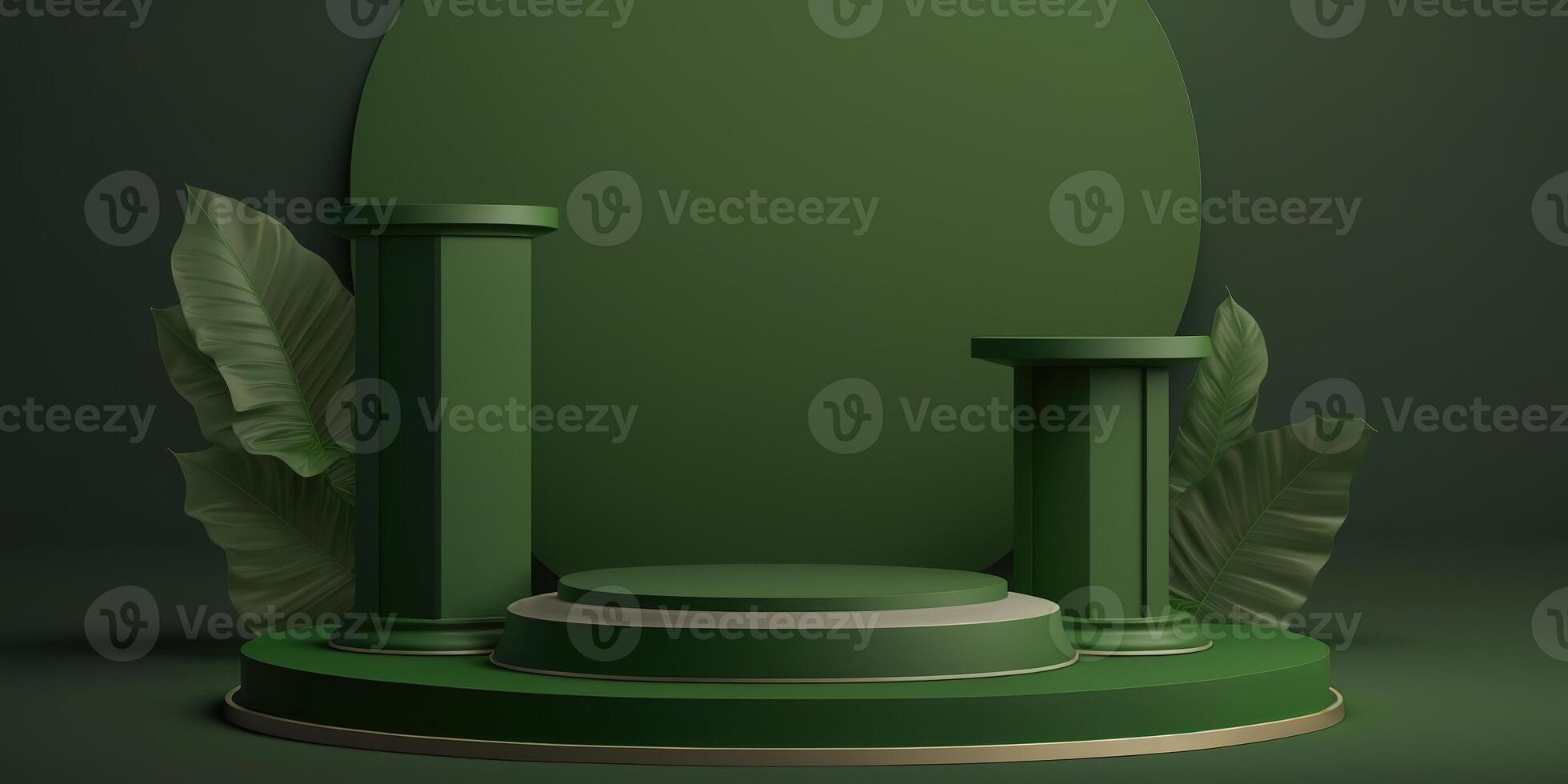 Realistic 3D green theme podium for product display. photo