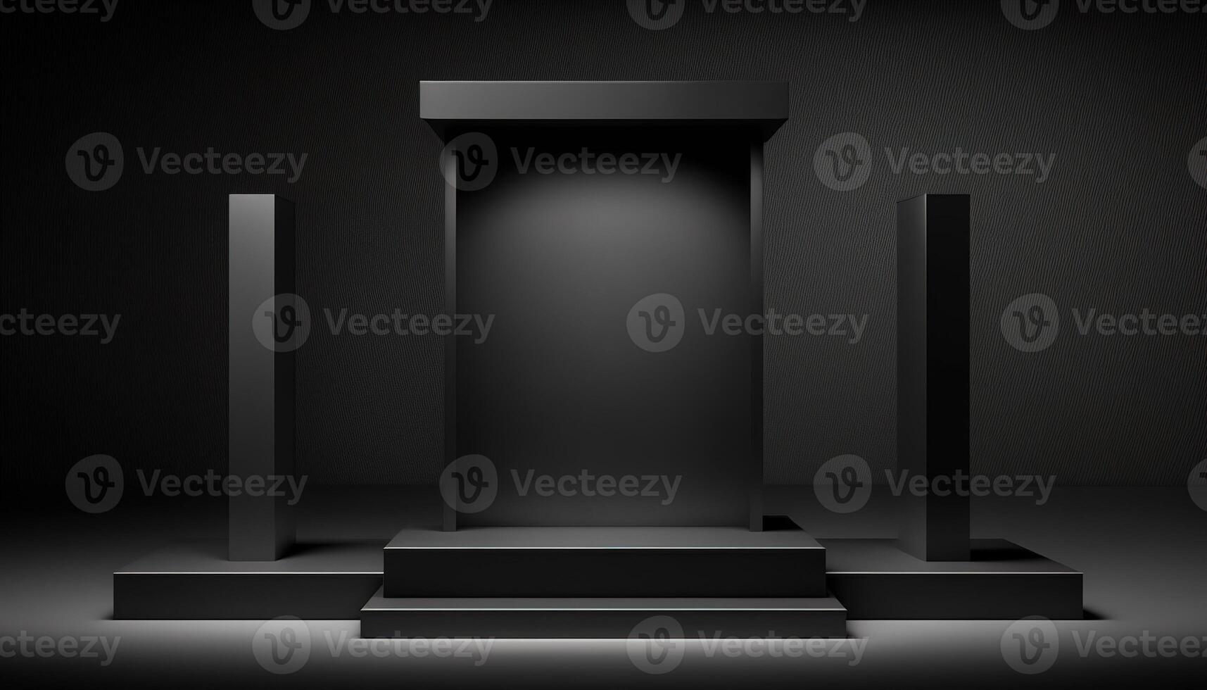 Realistic 3D black theme podium for product display. photo