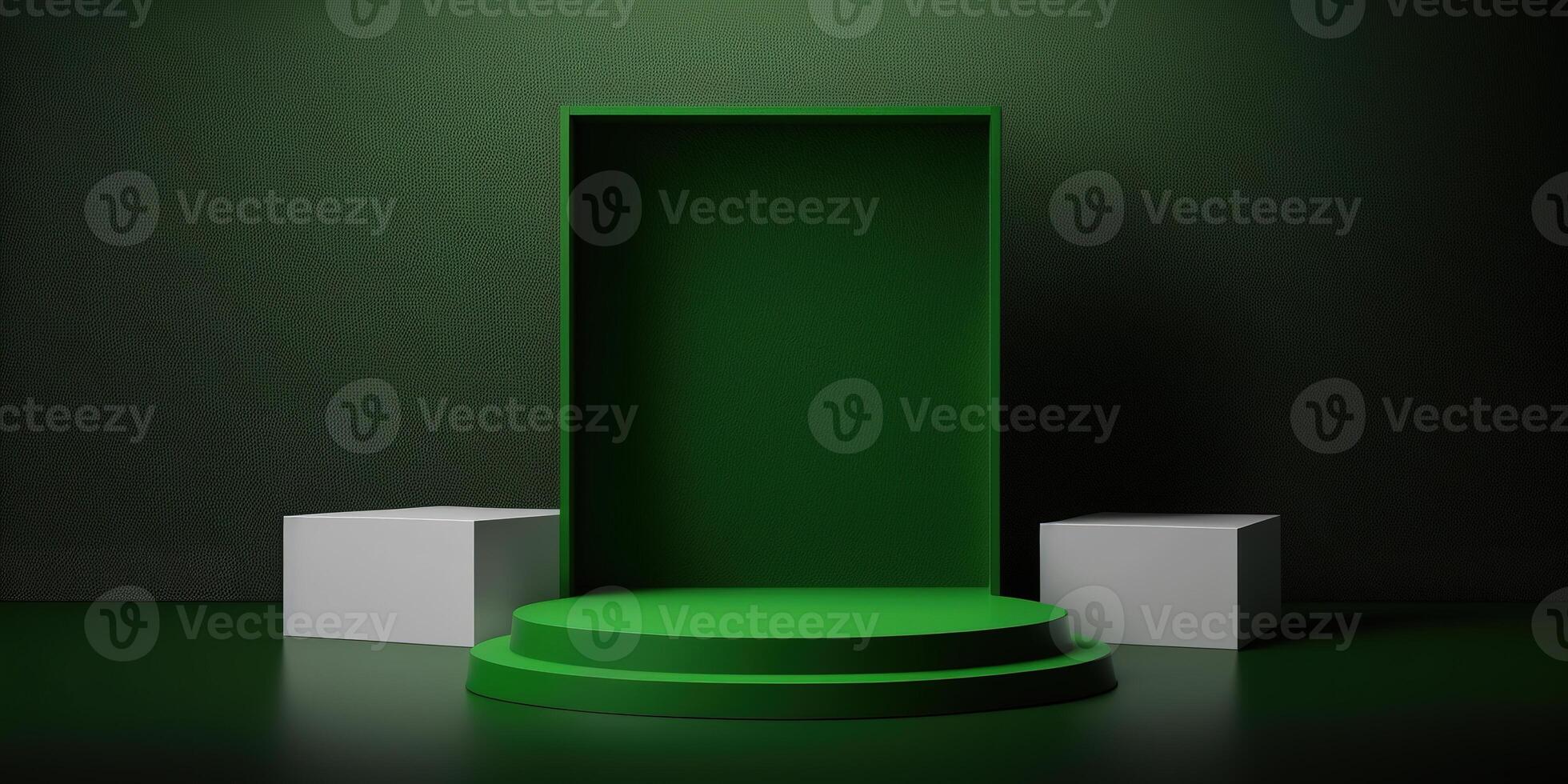 Realistic 3D green theme podium for product display. photo