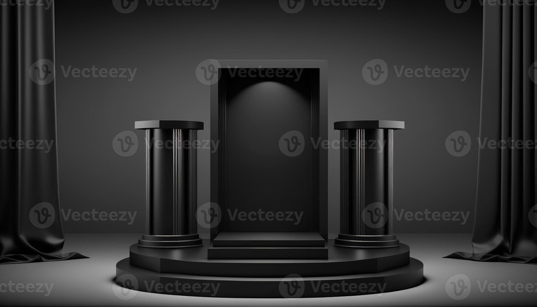 Realistic 3D black theme podium for product display. photo