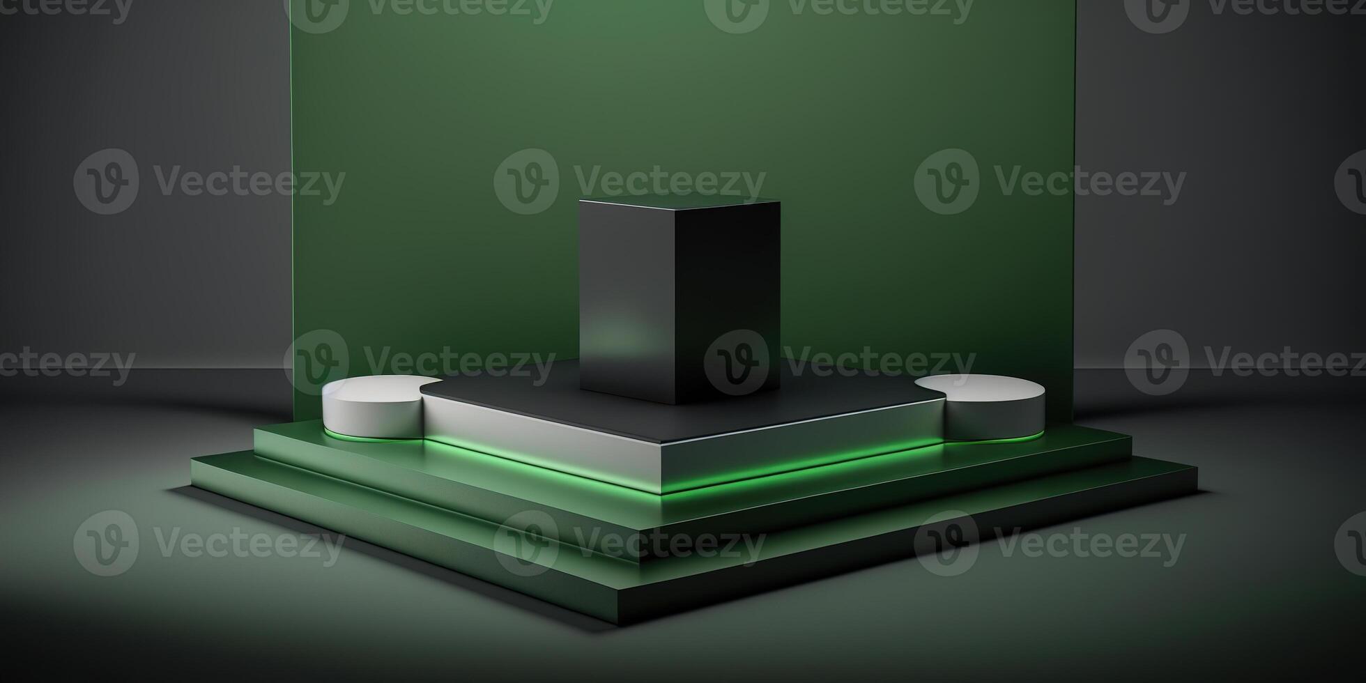 Realistic 3D green theme podium for product display. photo