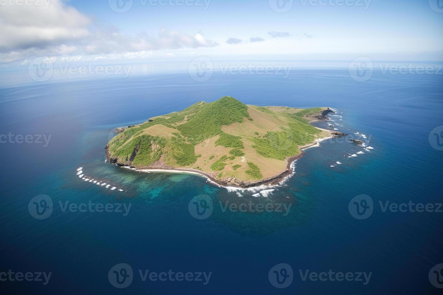 Aerial view of a small island in the middle of the ocean. photo