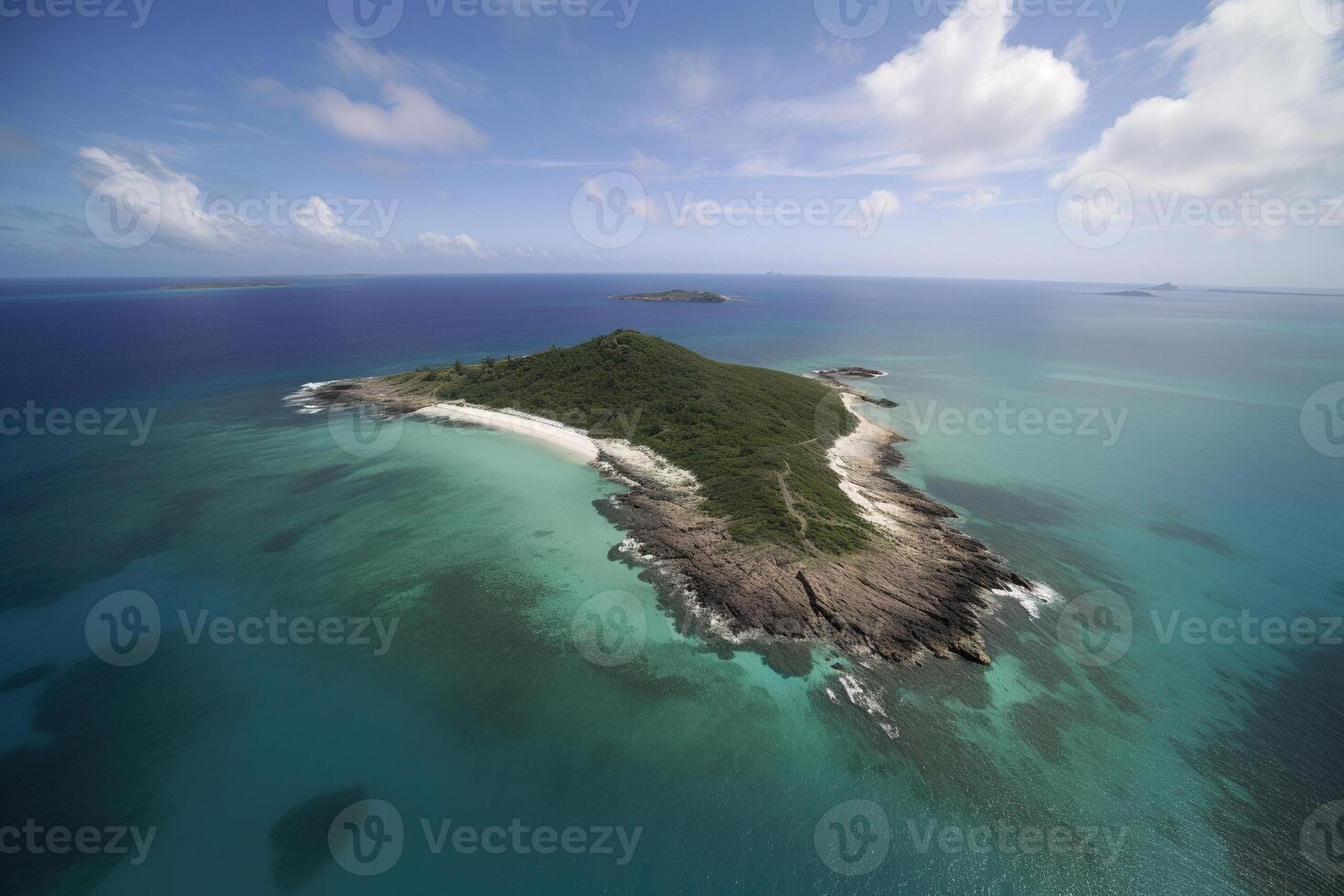 Aerial view of a small island in the middle of the ocean. photo