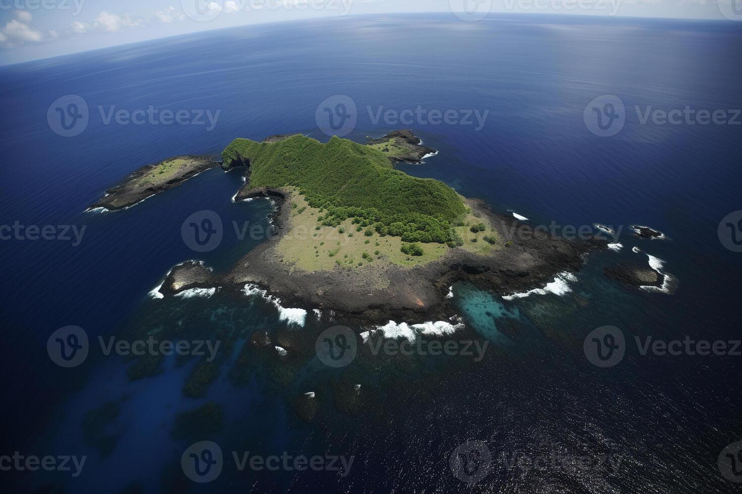 Aerial view of a small island in the middle of the ocean. photo