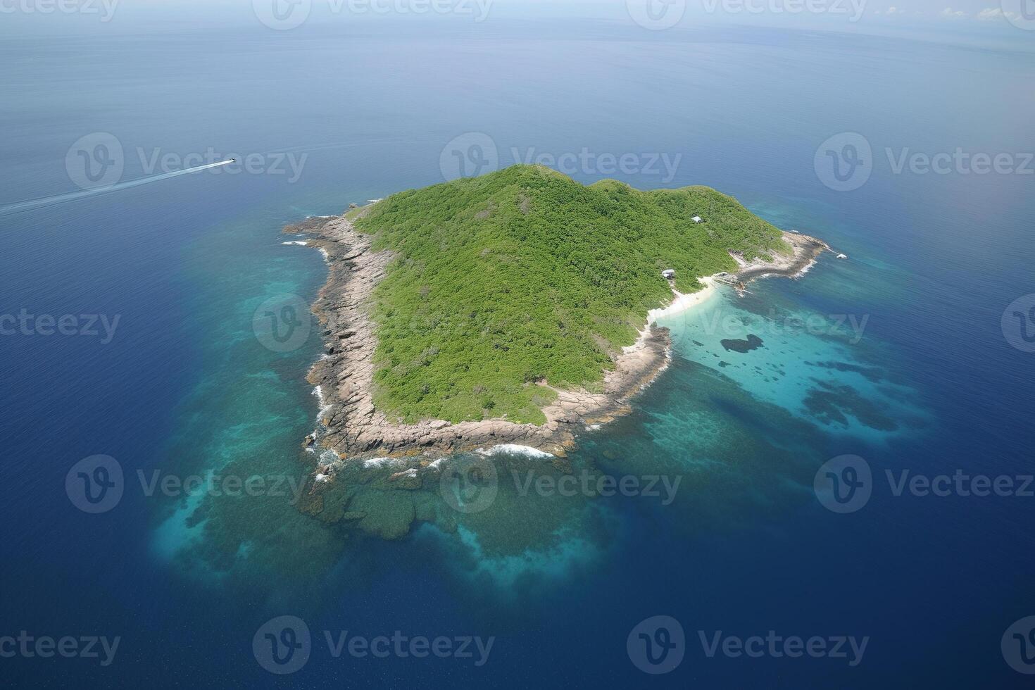 Aerial view of a small island in the middle of the ocean. photo