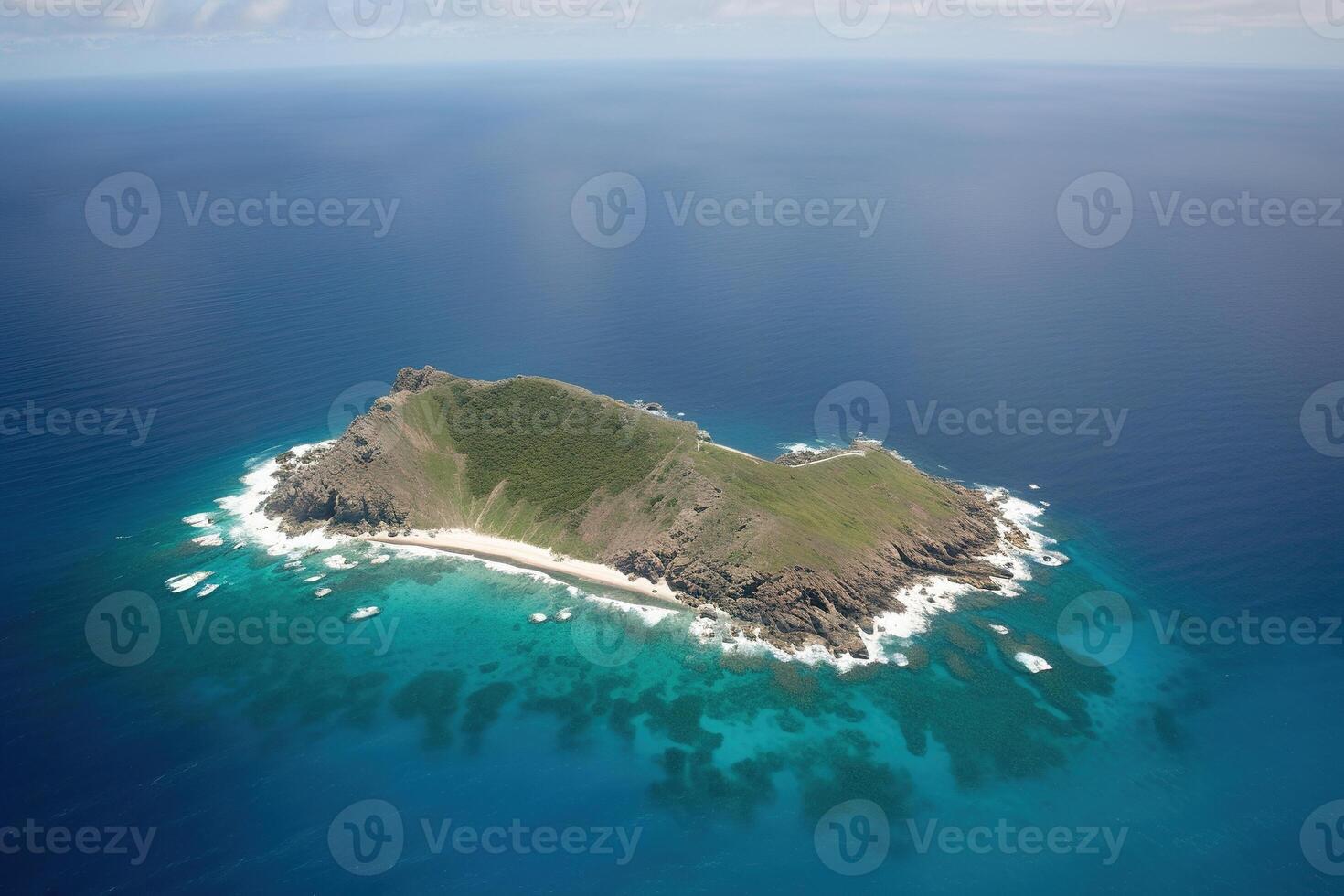 Aerial view of a small island in the middle of the ocean. photo