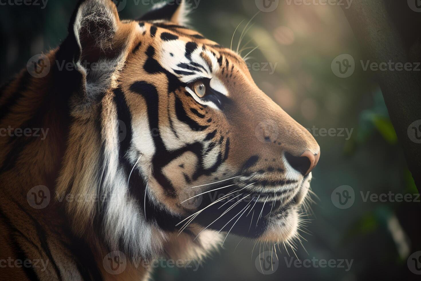 a close up of a bengal tiger's face in a forest. photo