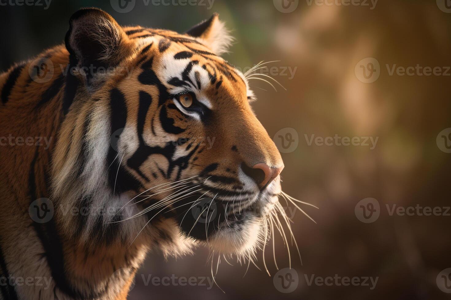a close up of a bengal tiger's face in a forest. photo