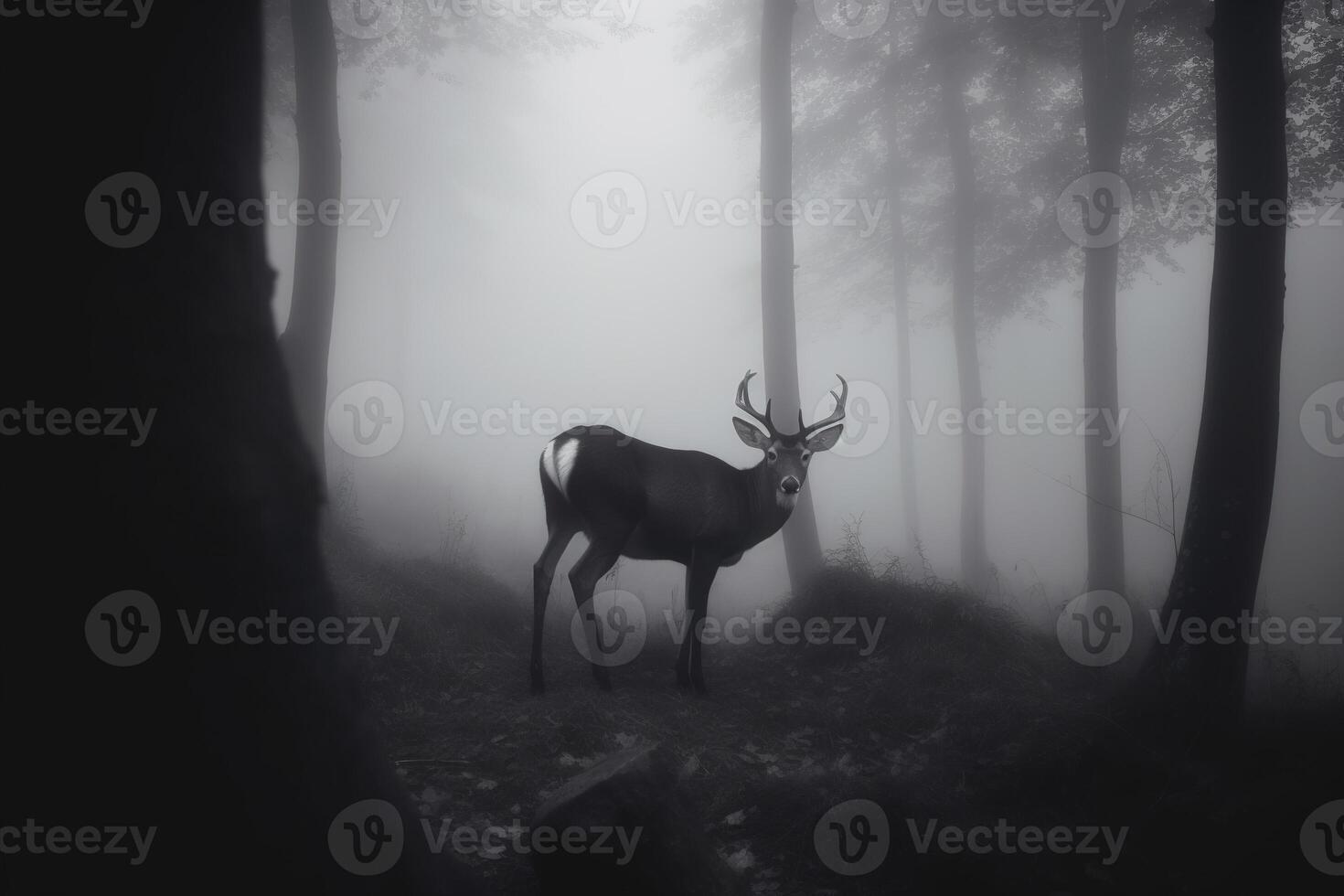 a deer in a misty forest. photo