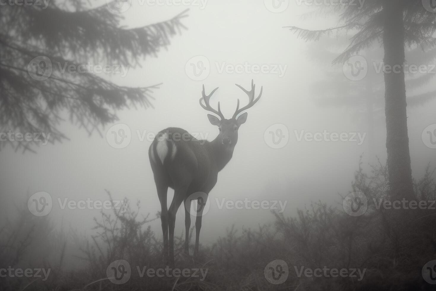 a deer in a misty forest. photo