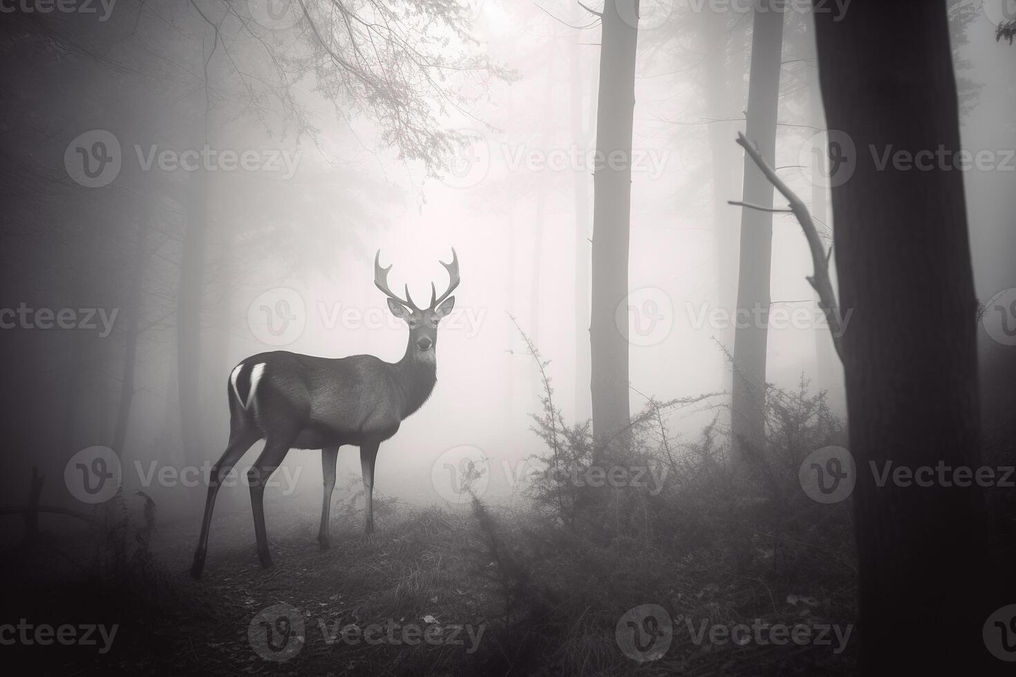 a deer in a misty forest. photo