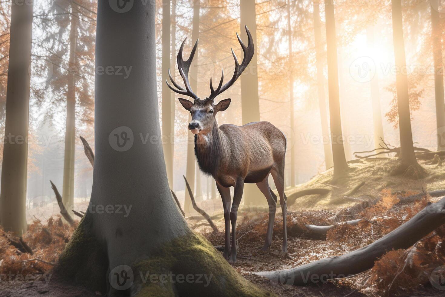 A majestic deer with antlers standing proudly in the forest at dawn. photo