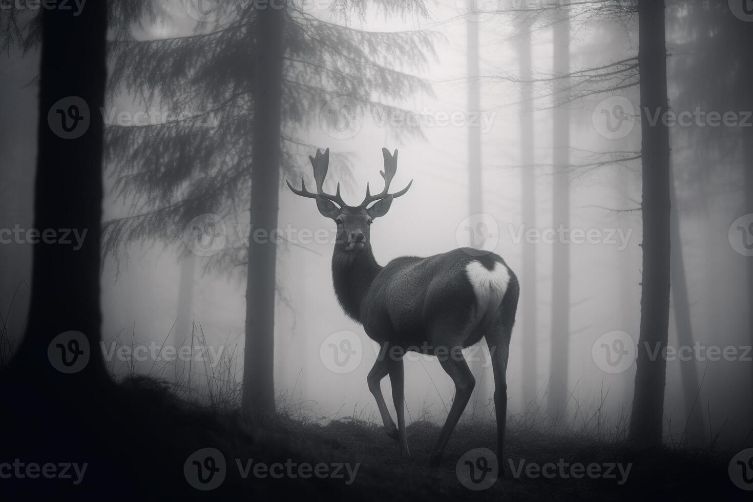 un ciervo en un brumoso bosque. ai generado foto