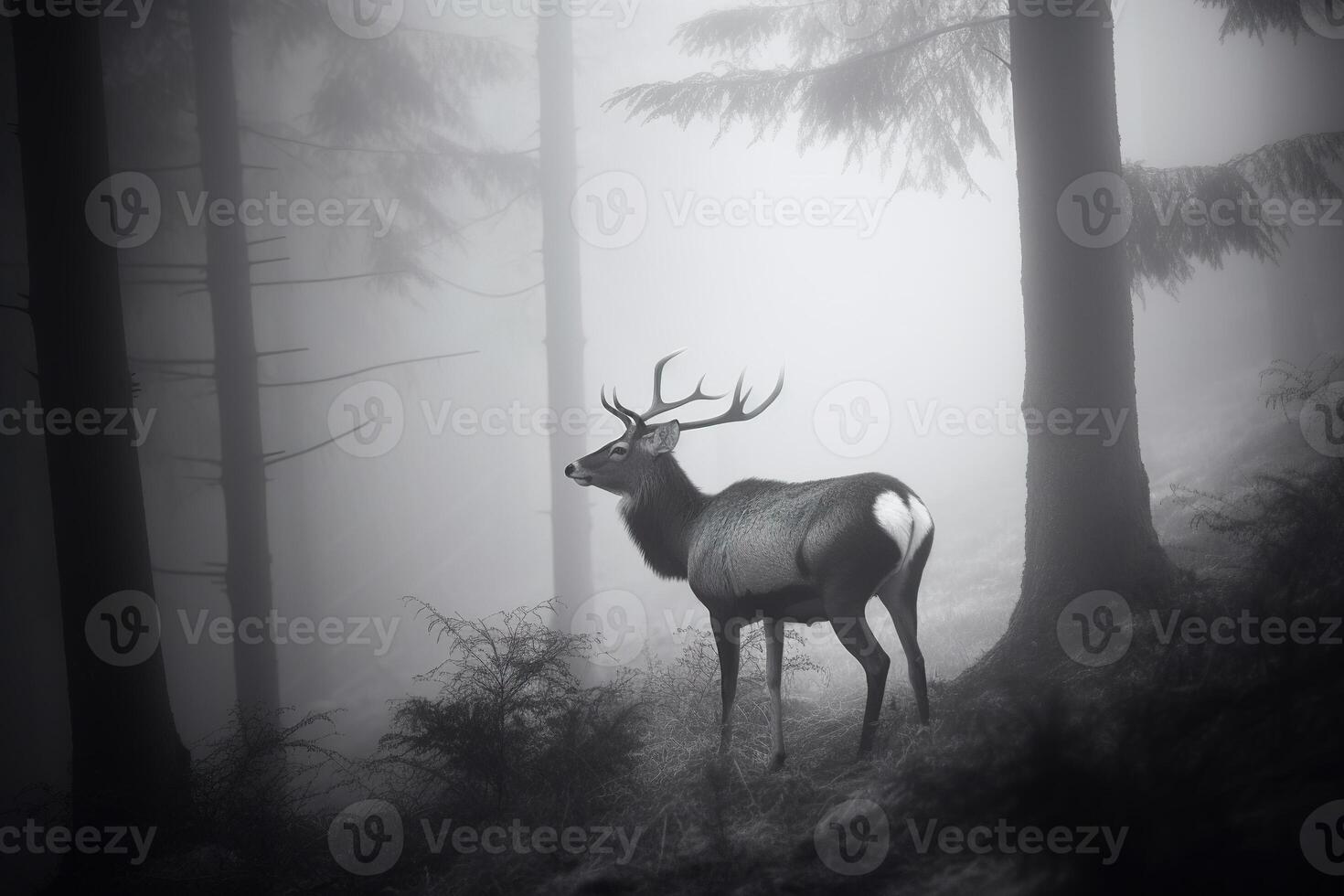 a deer in a misty forest. photo