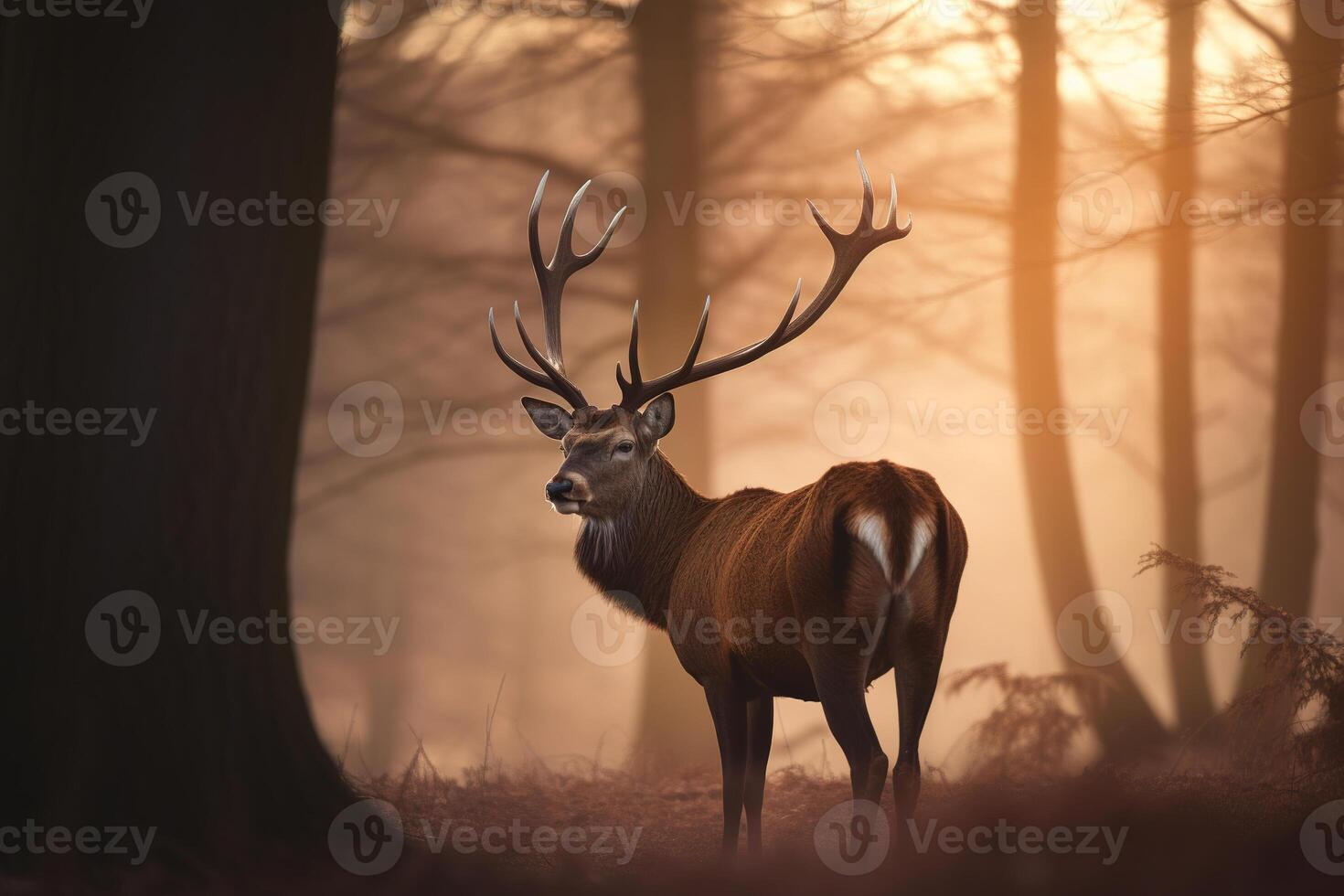 un majestuoso ciervo con cornamenta en pie con orgullo en el bosque a amanecer. ai generado foto