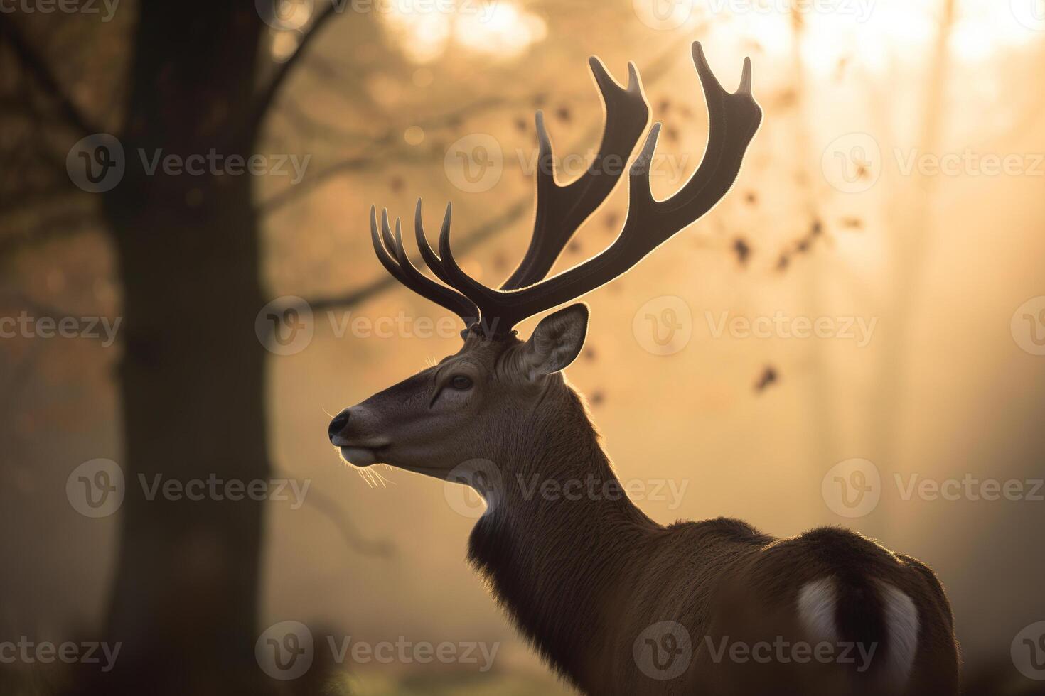 A majestic deer with antlers standing proudly in the forest at dawn. photo