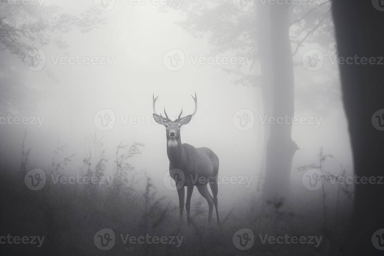 a deer in a misty forest. photo