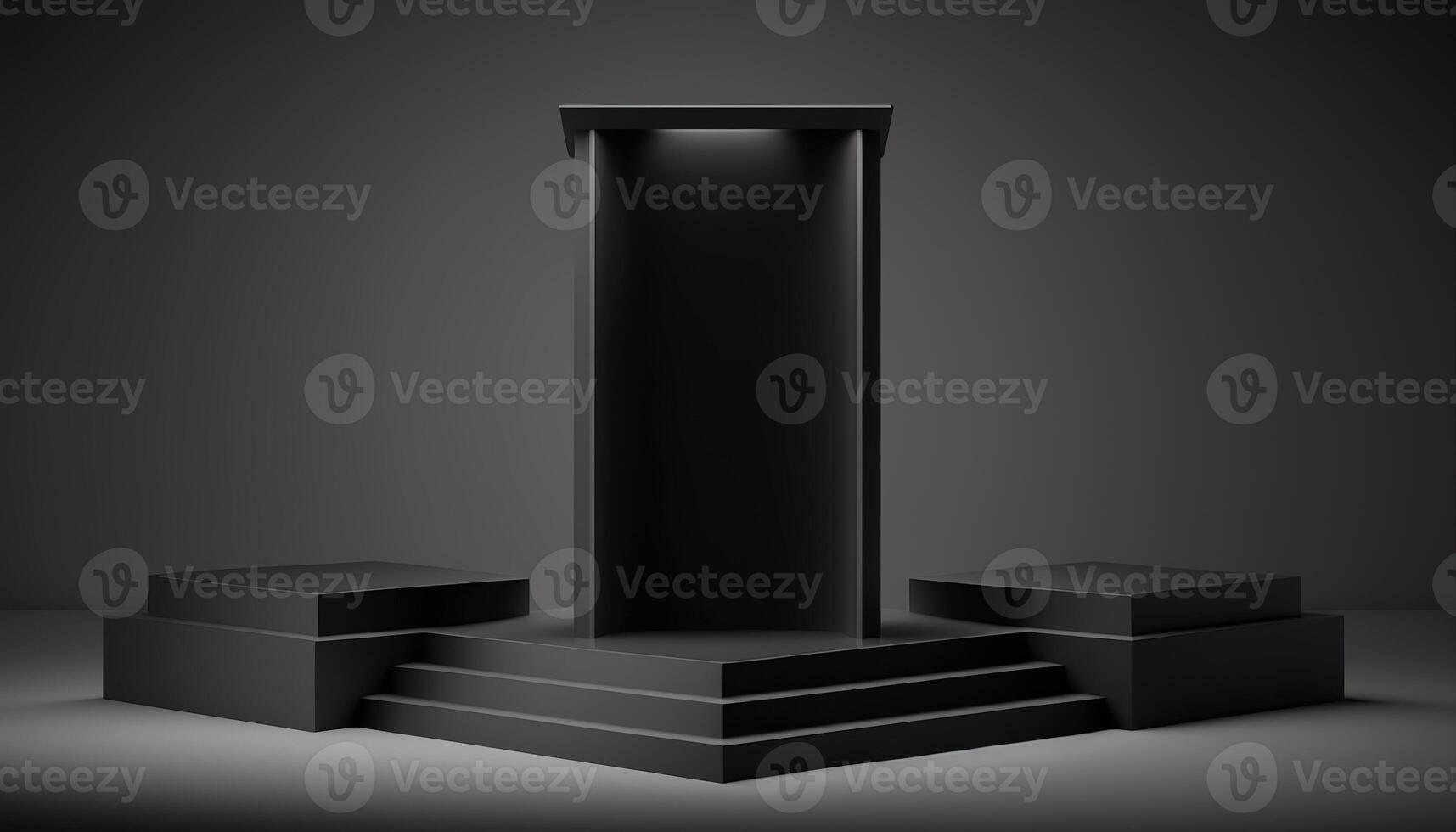 Realistic 3D black theme podium for product display. photo
