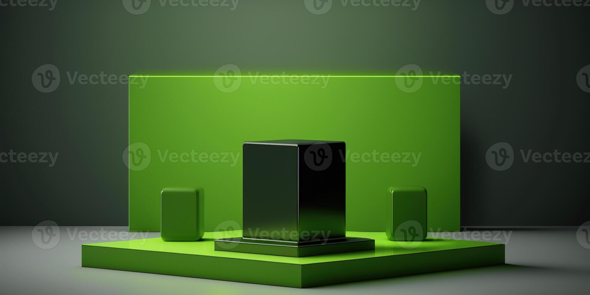 Realistic 3D green theme podium for product display. photo