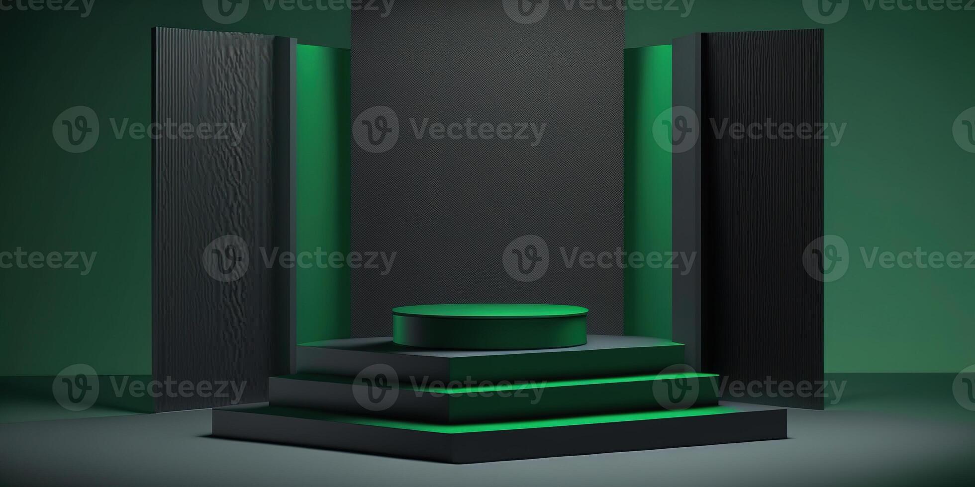 Realistic 3D green theme podium for product display. photo