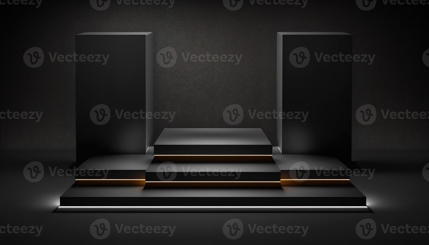 Realistic 3D black theme podium for product display. photo