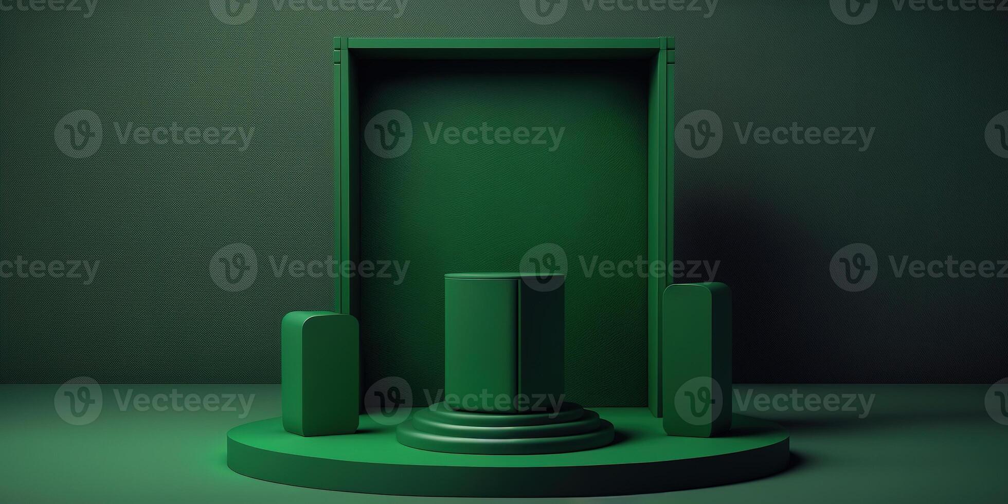 Realistic 3D green theme podium for product display. photo