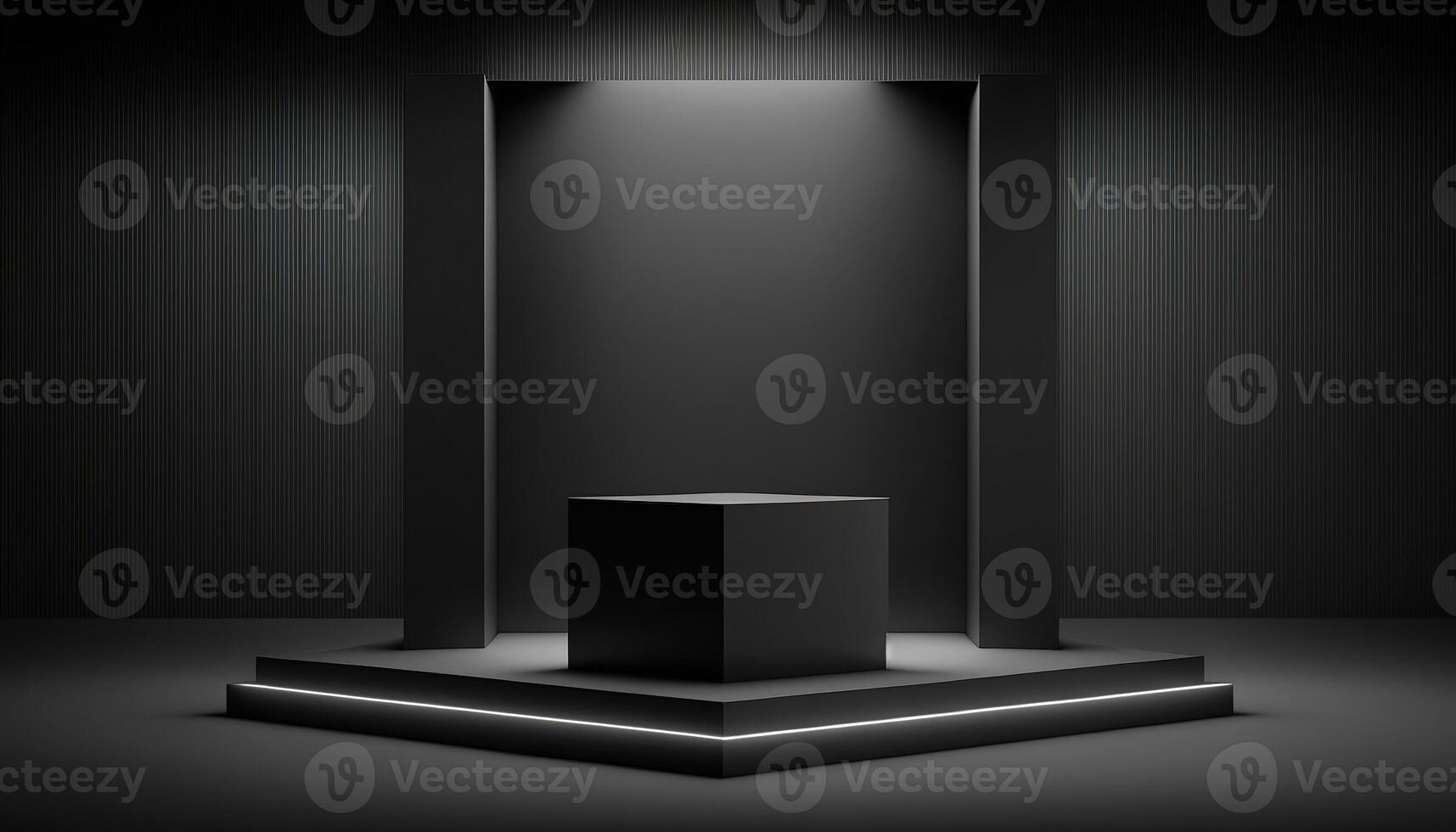 Realistic 3D black theme podium for product display. photo