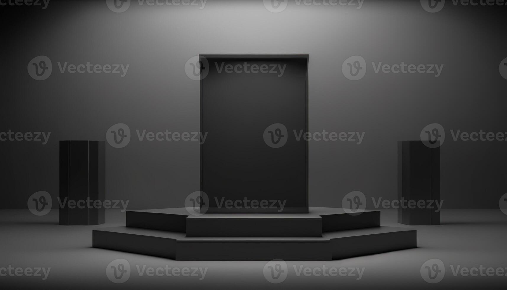 Realistic 3D black theme podium for product display. photo