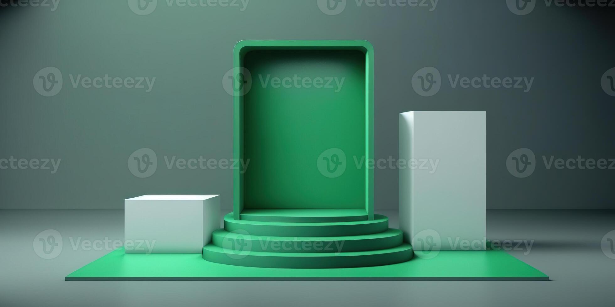 Realistic 3D green theme podium for product display. photo