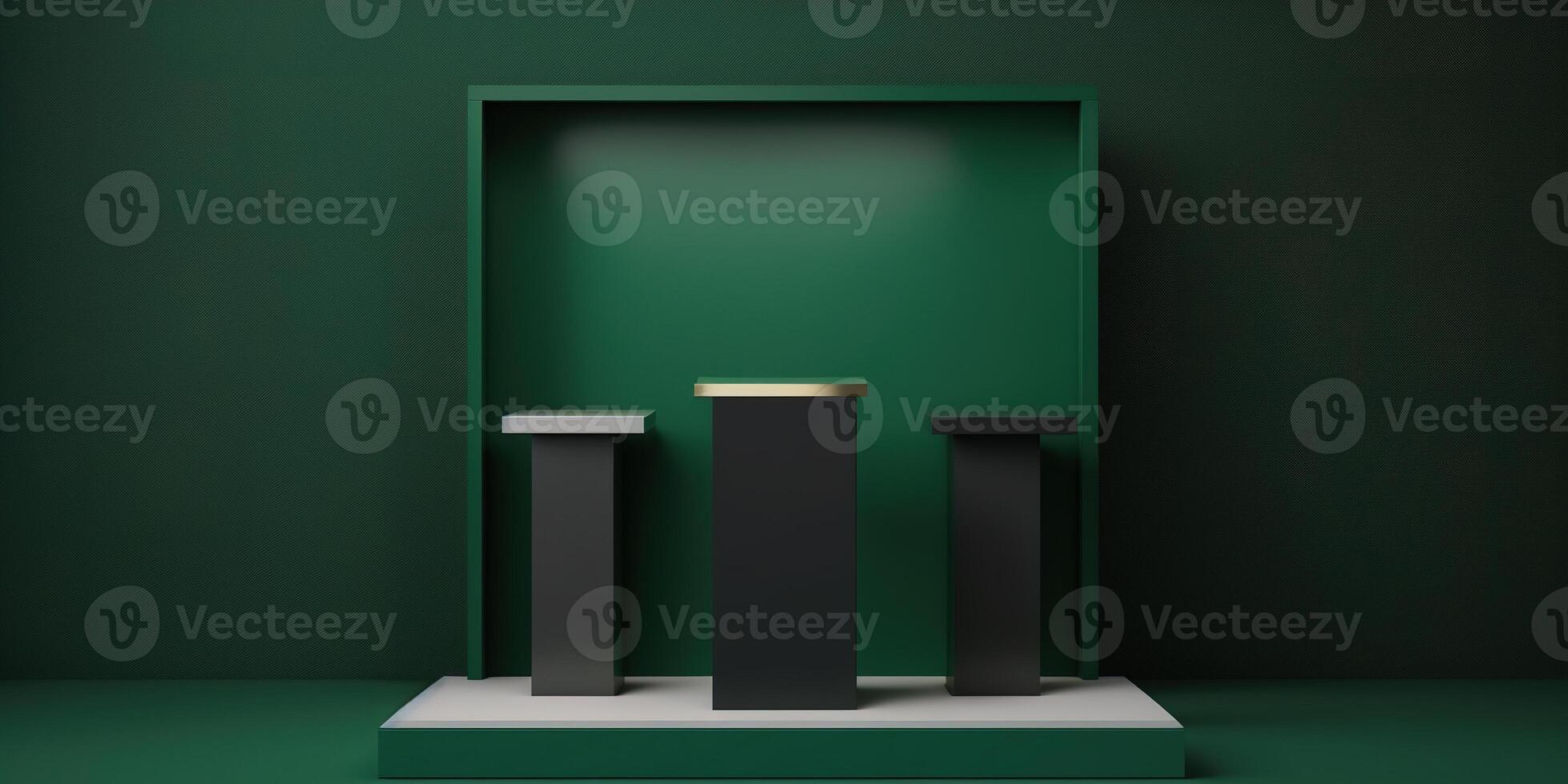 Realistic 3D green theme podium for product display. photo