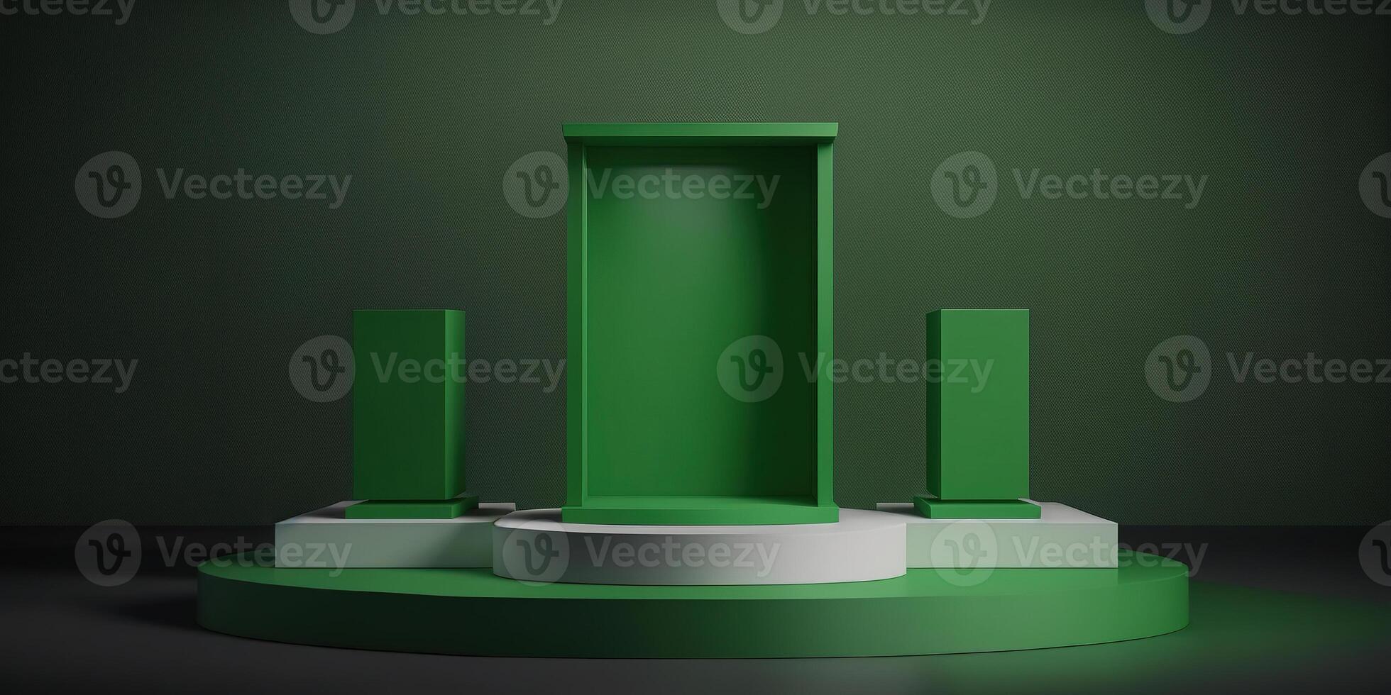 Realistic 3D green theme podium for product display. photo