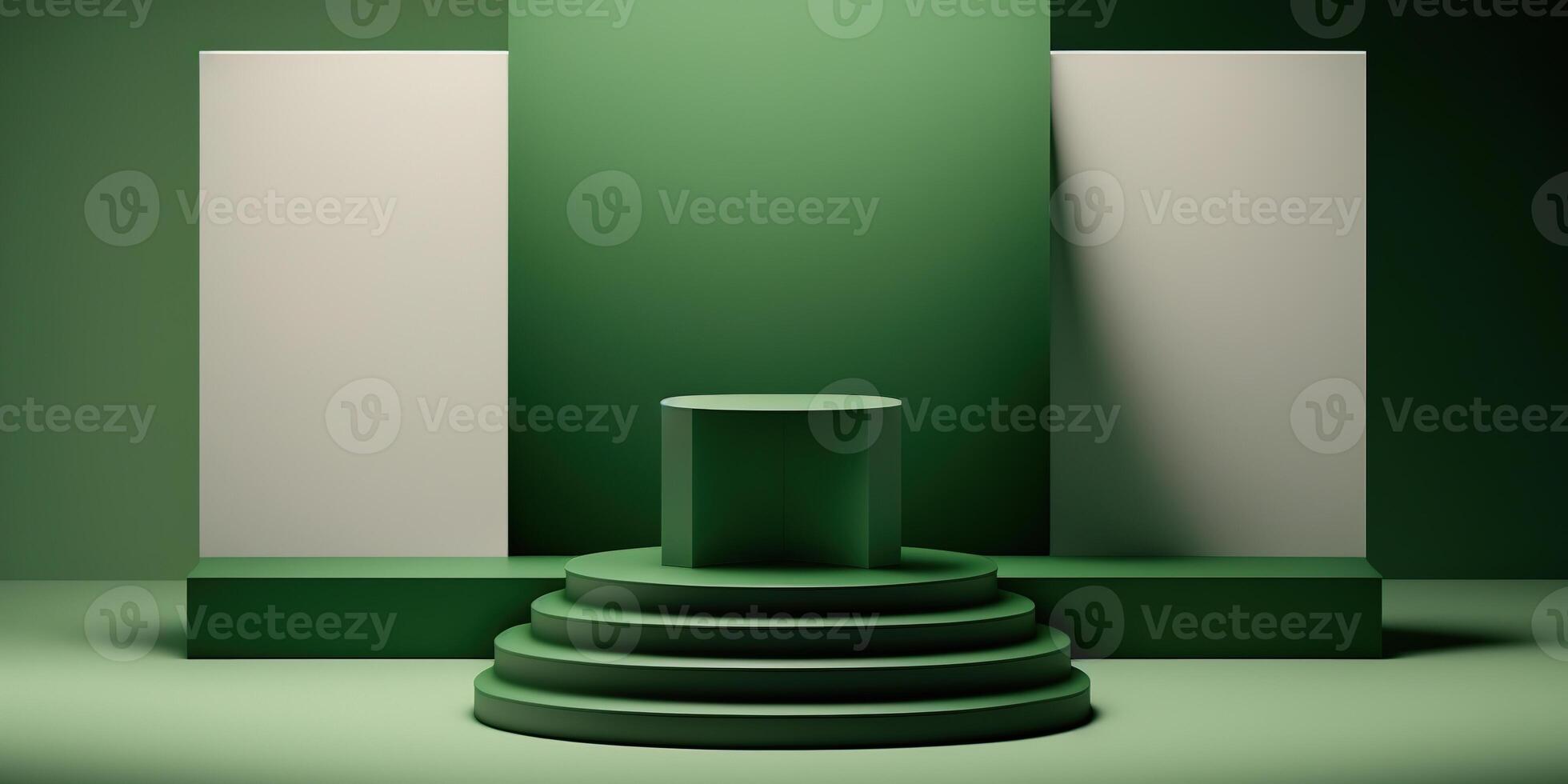 Realistic 3D green theme podium for product display. photo