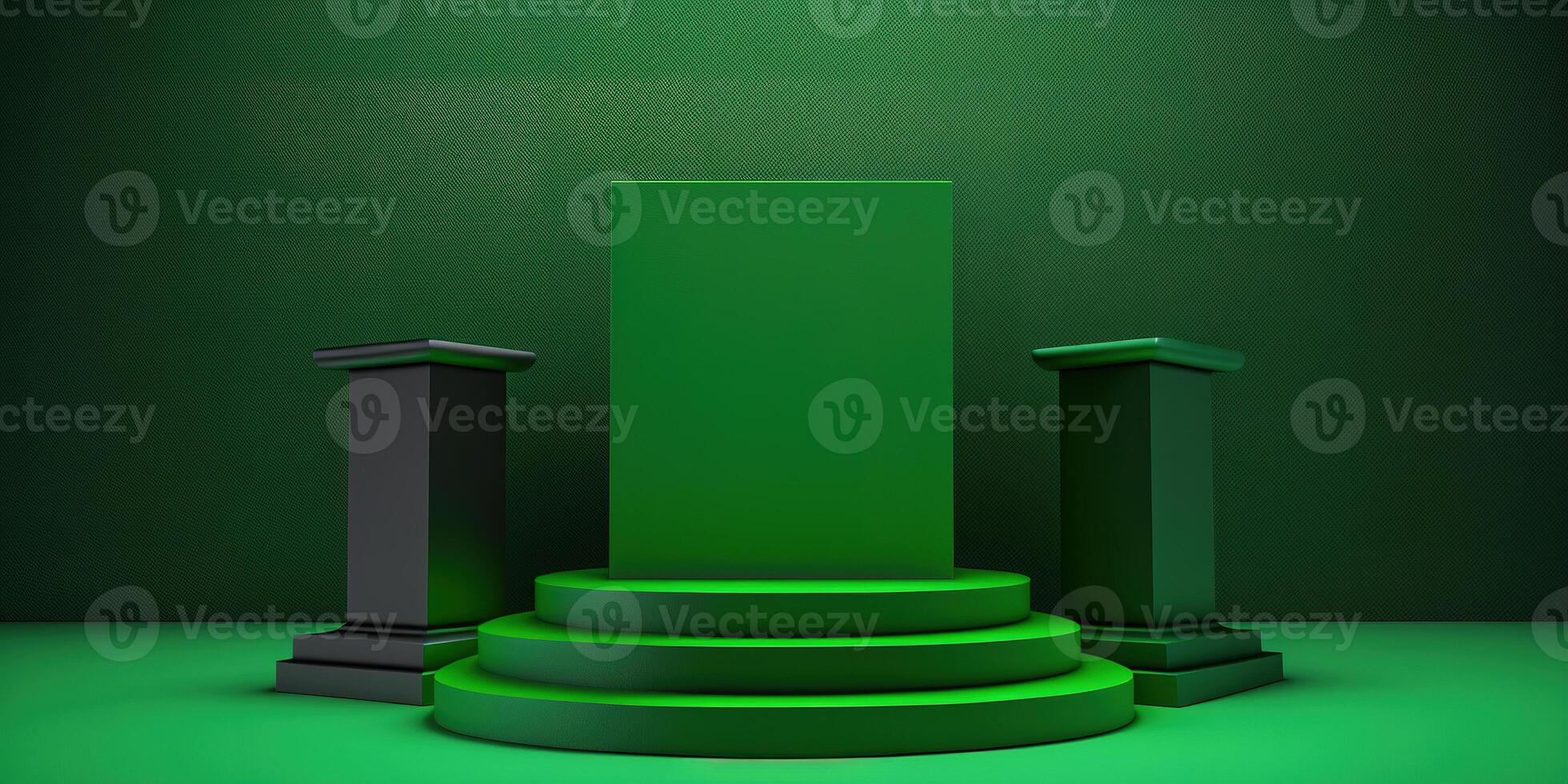 Realistic 3D green theme podium for product display. photo