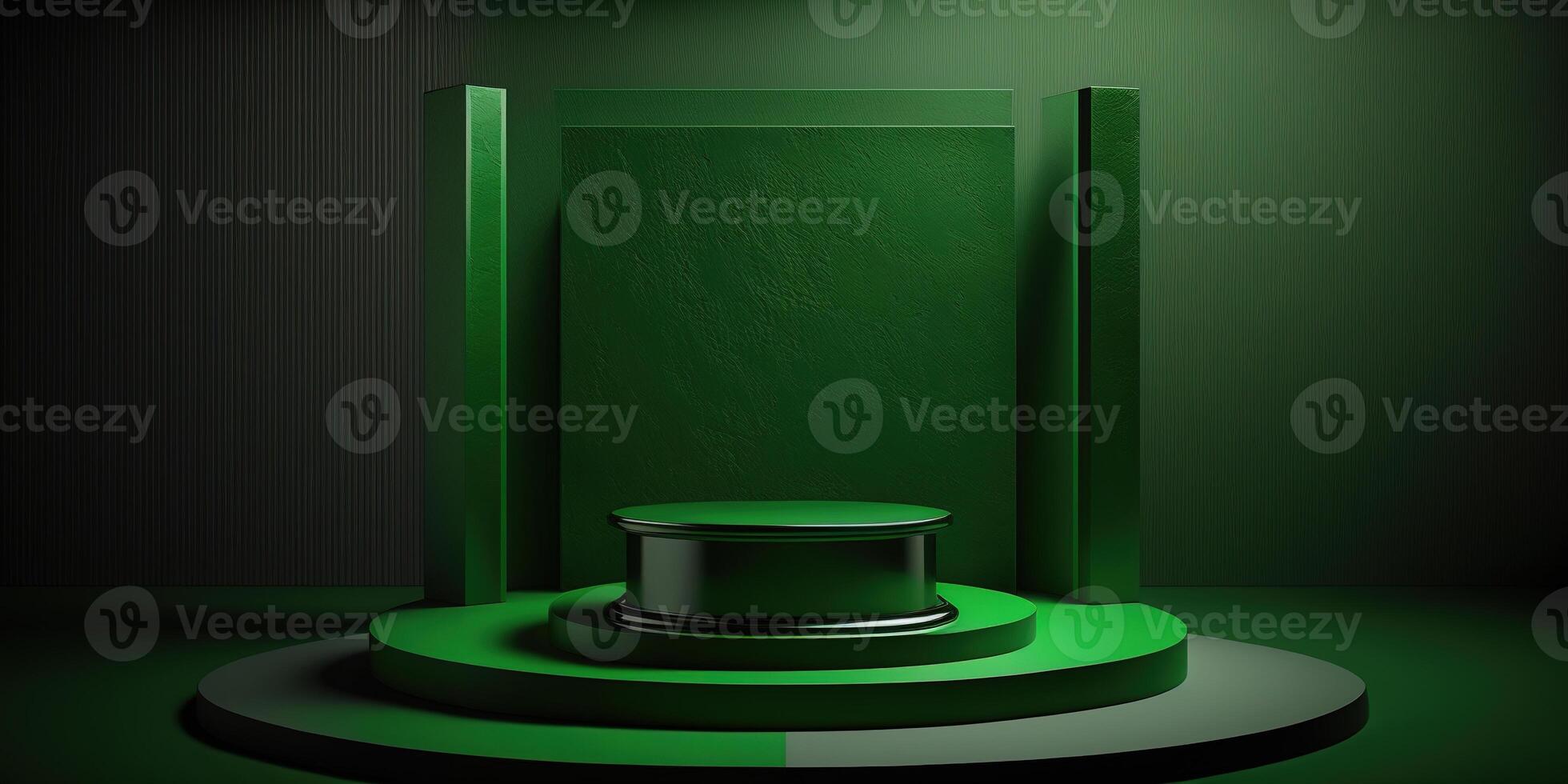 Realistic 3D green theme podium for product display. photo