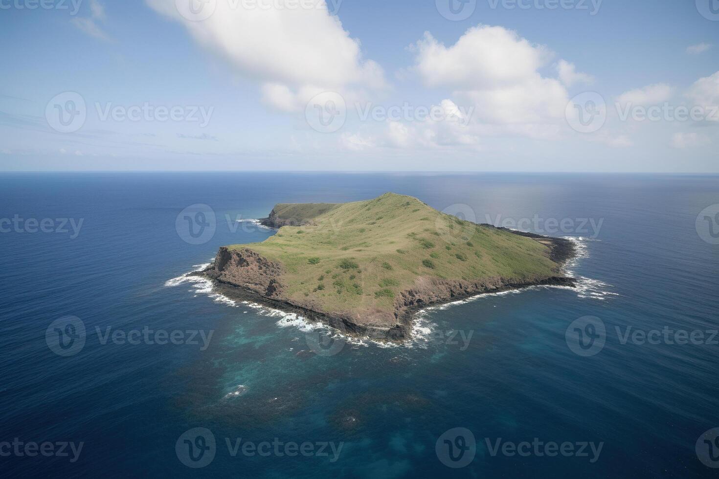 aéreo ver de un pequeño isla en el medio de el océano. ai generado foto