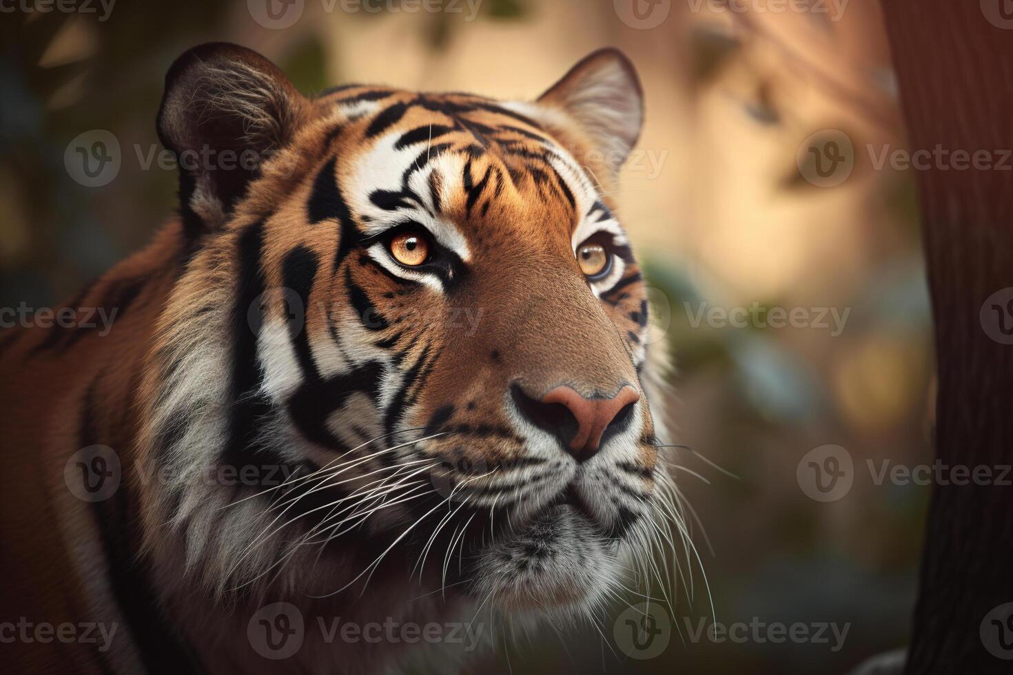 a close up of a bengal tiger's face in a forest. photo