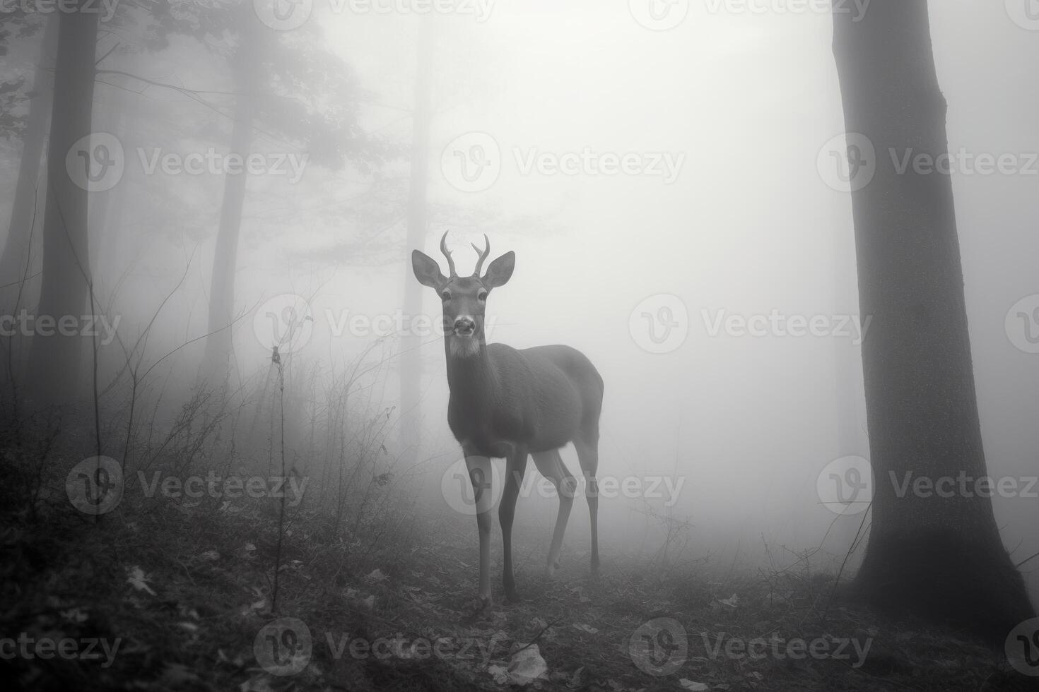 a deer in a misty forest. photo