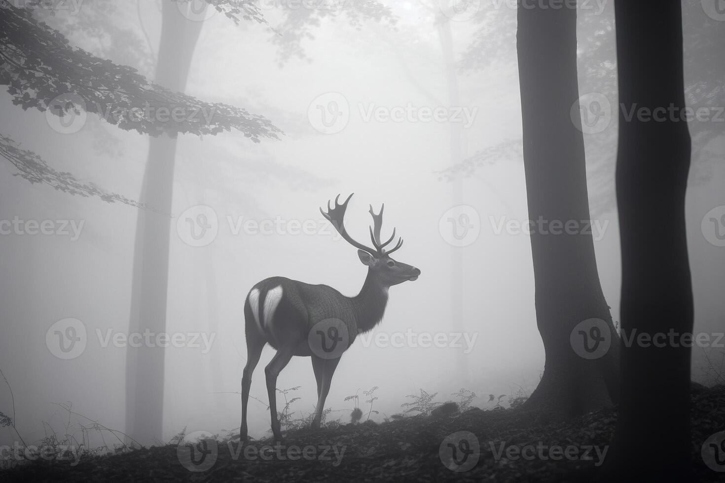 a deer in a misty forest. photo