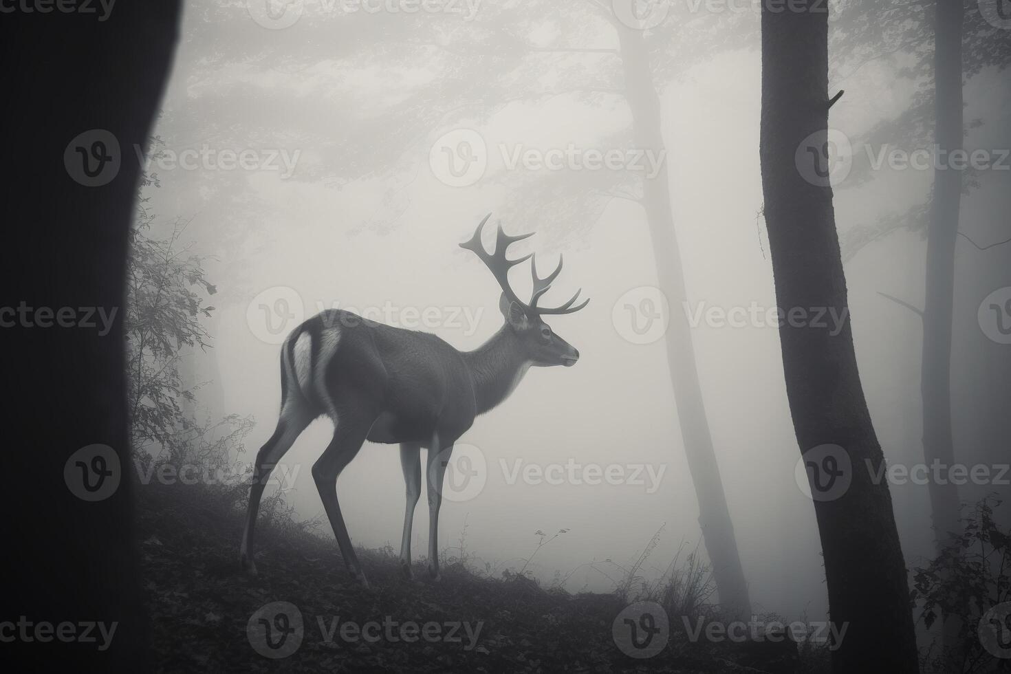 a deer in a misty forest. photo