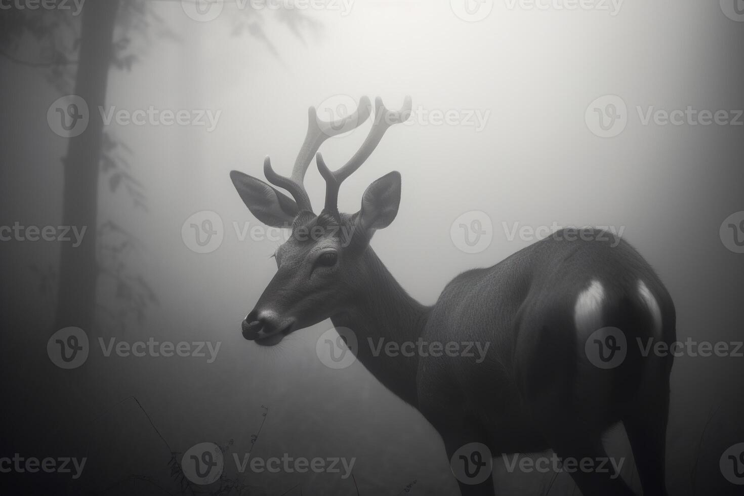 a deer in a misty forest. photo