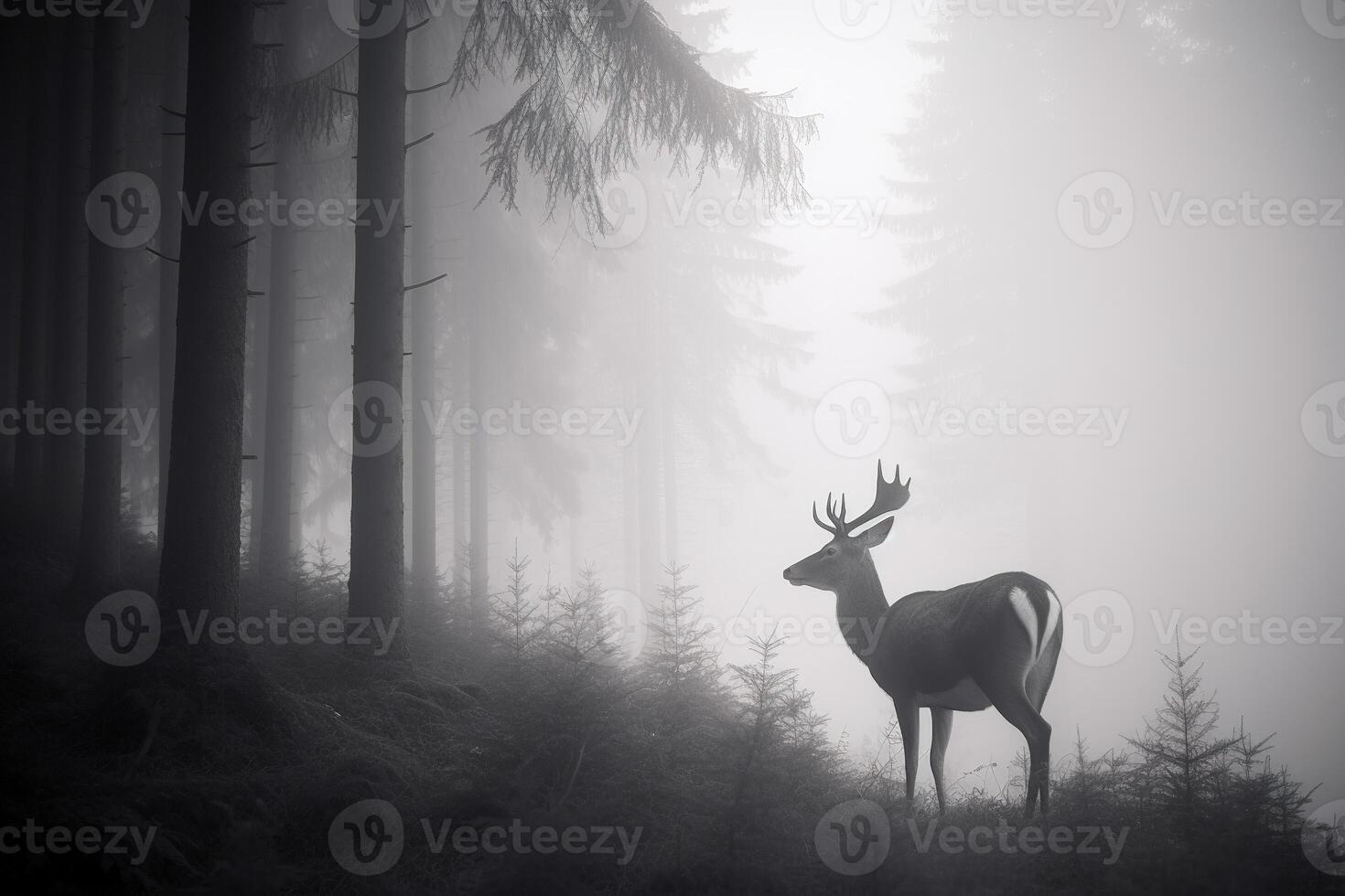 a deer in a misty forest. photo