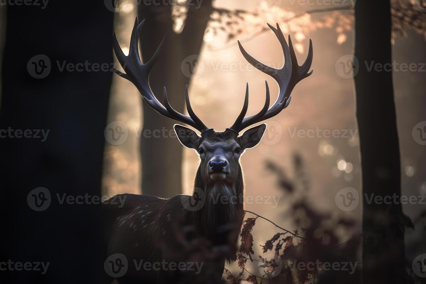 un majestuoso ciervo con cornamenta en pie con orgullo en el bosque a amanecer. ai generado foto