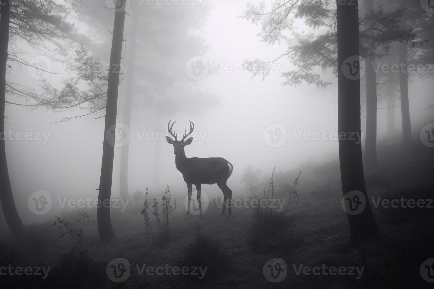 un ciervo en un brumoso bosque. ai generado foto