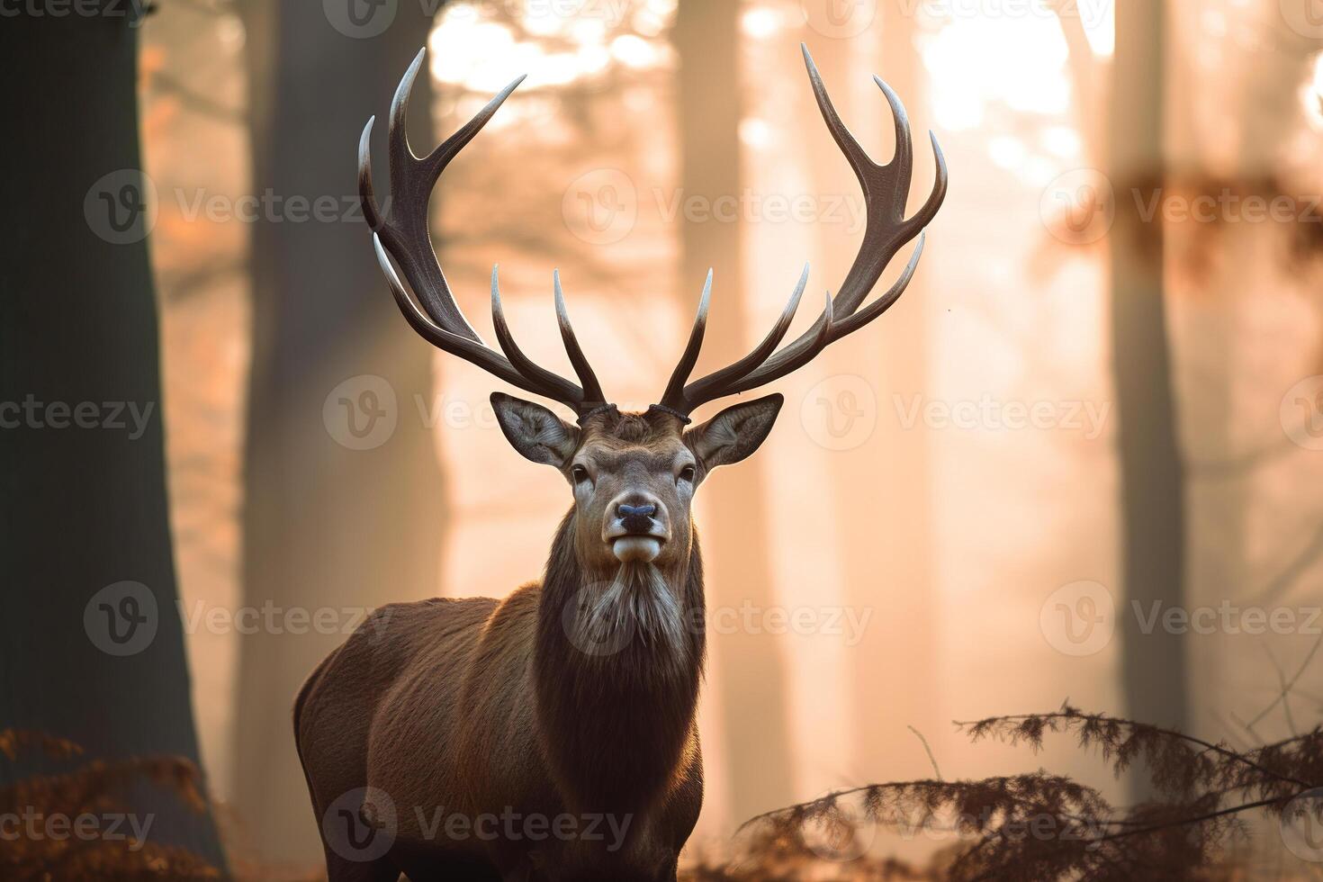 A majestic deer with antlers standing proudly in the forest at dawn. photo