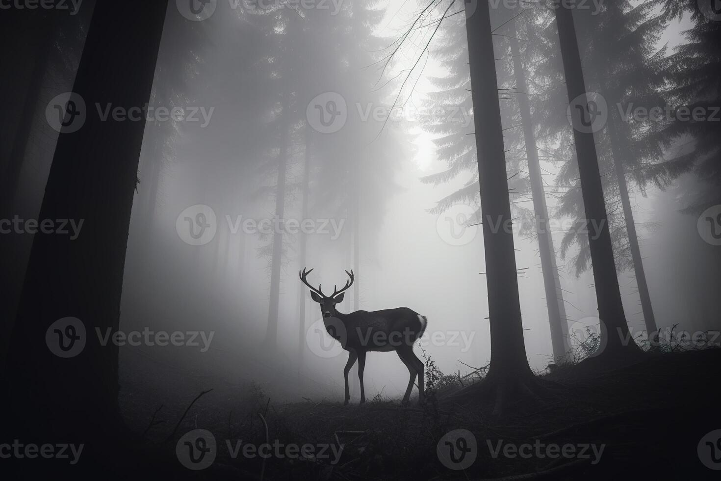 a deer in a misty forest. photo