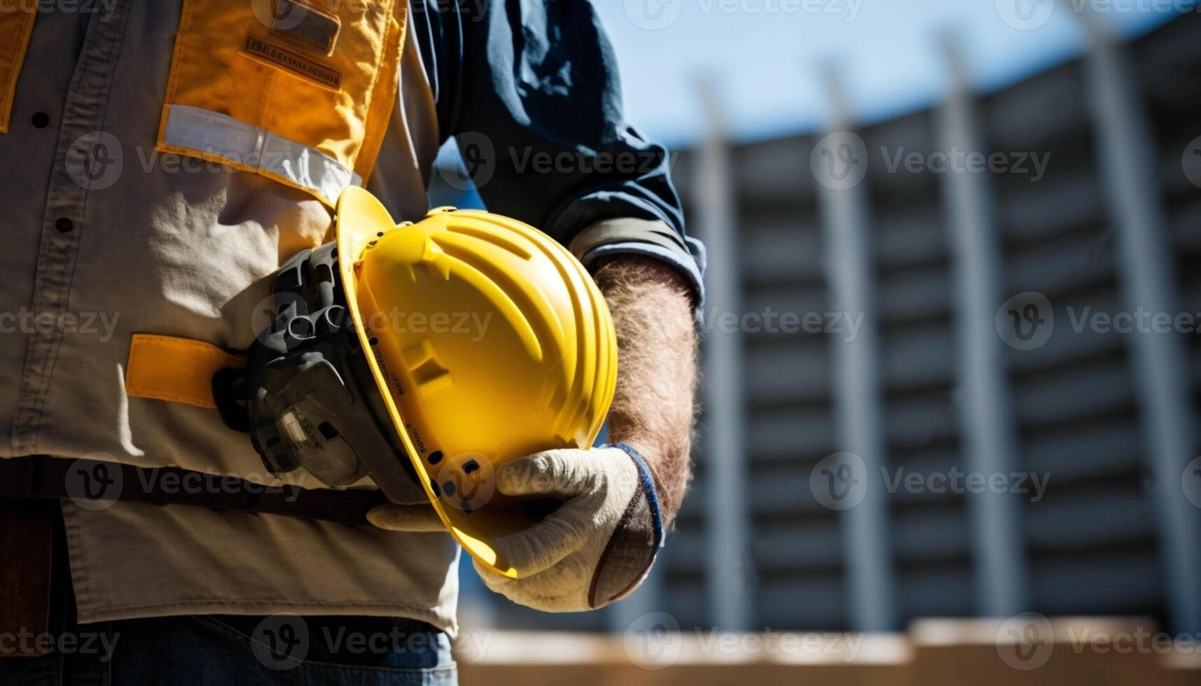 Construction worker holding his helmet and wearing fluorescent
