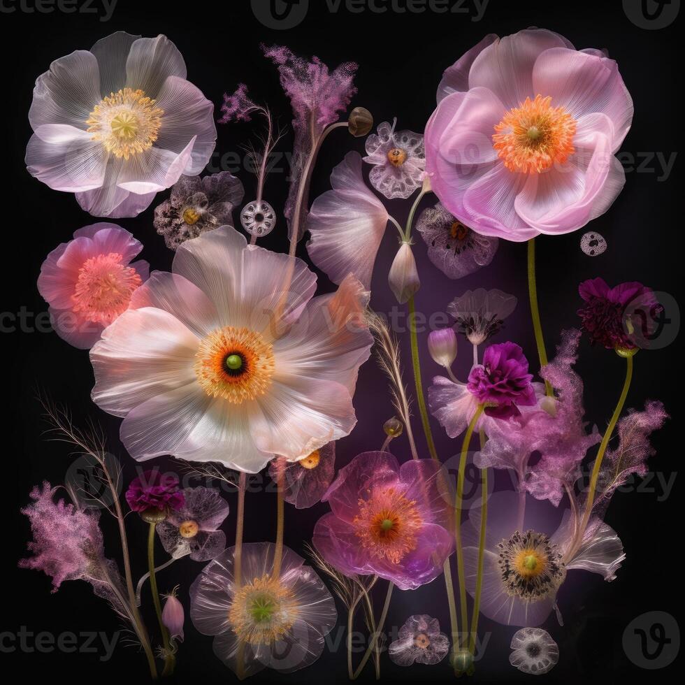 Floral still life in pastel colors depicting open poppy flowers isolated on a black background with detailed texture. .Created with photo